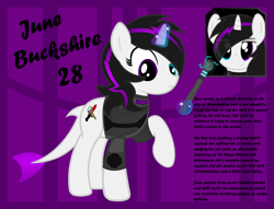 Size: 2000x1526 | Tagged: safe, artist:cardshark777, oc, oc only, oc:june buckshire, original species, shark, shark pony, unicorn, abstract background, backstory, baton, black text, clothes, dagger, detective, digital art, electricity, female, fish tail, heterochromia, horn, jacket, looking at you, looking down, lore, magic, magnifying glass, mare, numbers, ophidiophobia, raised hoof, reference sheet, shark tail, tail, telekinesis, text, two toned mane, weapon