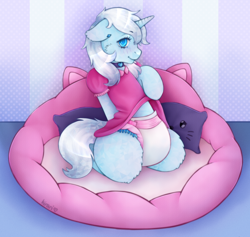 Size: 4024x3818 | Tagged: safe, artist:kirari_chan, oc, oc only, crystal pony, pony, unicorn, advertisement, blushing, choker, clothes, collar, commission, commission info in description, commission open, complex background, crystal pony oc, cute, diaper, diaper fetish, diapered, dress, dress lift, ear blush, ear fluff, female, fetish, fluffy, horn, mare, pet bed, pillow, raised hoof, sexy, shy, smiling, solo, sultry pose