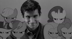 Size: 1777x962 | Tagged: safe, artist:thetremendousmario, applejack, fluttershy, pinkie pie, rainbow dash, rarity, twilight sparkle, human, g4, alfred hitchcock, evil smile, grayscale, irl, irl human, monochrome, norman bates, photo, psycho, smiling