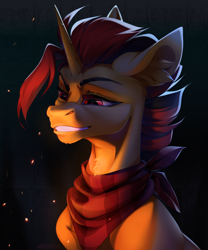 Size: 2500x3000 | Tagged: safe, artist:mithriss, oc, oc only, oc:selest light, pony, unicorn, bandana, bust, ear fluff, horn, lidded eyes, male, portrait, smiling, solo, stallion