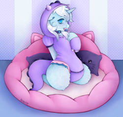 Size: 4024x3818 | Tagged: safe, alternate version, artist:kirari_chan, oc, oc only, crystal pony, unicorn, advertisement, blushing, choker, clothes, collar, commission, commission info in description, commission open, costume, crystal pony oc, cute, diaper, diaper fetish, diapered, dragon costume, dragon tail, dressup, ear fluff, female, fetish, fluffy, full body, horn, implied diaper, jewelry, kigurumi, looking at you, mare, onesie, pacifier, pet bed, raised hoof, shy, solo, tail, unicorn oc