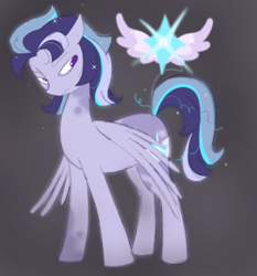 Size: 1316x1409 | Tagged: safe, artist:sparjechkaa, oc, pegasus, adoptable, dark background, fused, fusion, fusion:fleetfoot, fusion:twilight sparkle, genderfluid, looking back, offspring, solo, spots, wings, wings down