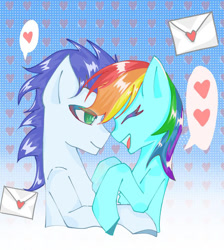 Size: 750x836 | Tagged: safe, artist:yaocengmei, rainbow dash, soarin', pegasus, pony, g4, duo, duo male and female, eyes closed, female, gradient background, male, open mouth, patterned background, ship:soarindash, shipping, speech bubble, straight