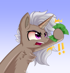 Size: 1644x1716 | Tagged: safe, artist:schwinarts, oc, oc only, oc:friday (exodust), pony, unicorn, chest fluff, commission, ear fluff, exclamation point, eyebrows, eyebrows visible through hair, eyeshadow, fluffy, gradient background, grey hair, horn, makeup, male, money, screaming, shut up and take my money, solo, stallion, unicorn oc, ych result