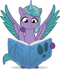 Size: 981x1278 | Tagged: safe, artist:equestriaexploration, shiny sparks, alicorn, pony, g5, alicornified, book, race swap, simple background, solo, sparksicorn, transparent background