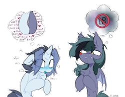 Size: 912x713 | Tagged: safe, artist:flixanoa, oc, oc only, oc:fef, oc:scrimmy, bat pony, pony, unicorn, bat pony oc, belly fluff, big eyes, blue blush, blue coat, blue mouth, blue tongue, blushing, censored, chest fluff, colored mouth, colored tongue, colored wings, commission, duo, duo male, ear fluff, ear piercing, ear tufts, earring, emanata, eye clipping through hair, eyebrows, eyebrows visible through hair, fangs, floppy ears, fluffy, flustered, gauges, gay, gray coat, green tail, heterochromia, hock fluff, holding hooves, hoof hold, hooves together, horn, human shoulders, jewelry, lewd, lewd thoughts, lidded eyes, light blue coat, long mane, long mane male, looking at someone, looking away, male, male oc, nervous, nervous smile, nose blush, oc x oc, open mouth, open smile, outline, partially open wings, piercing, plewds, procreate app, shipping, shoulder fluff, signature, simple background, slender, smiling, smiling at someone, stallion, stallion oc, tail, text, thick horn, thin, thinking, thought bubble, three toned mane, transparent background, two toned mane, two toned wings, unicorn oc, wings, ych example, your character here