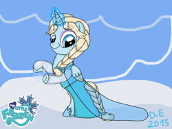 Size: 1024x768 | Tagged: safe, artist:daniarts19, alicorn, pony, 2015, bipedal, blue background, braid, clothes, disney, dress, elsa, eyeshadow, female, folded wings, frozen (movie), horn, logo parody, looking down, makeup, mare, ponified, simple background, smiling, snow, snowflake, solo, wings