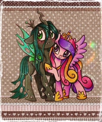 Size: 2372x2840 | Tagged: safe, artist:dariarchangel, princess cadance, queen chrysalis, alicorn, changeling, changeling queen, pony, g4, big eyes, blushing, cadance's crown, colored wings, crown, cuddling, curved horn, cute, cutealis, cutedance, daaaaaaaaaaaw, duo, duo female, fangs, female, floppy ears, gradient wings, green eyes, green hair, green mane, green tail, height difference, holes in wings, hoof shoes, horn, in love, infidelity, insect wings, jewelry, lesbian, long hair, long horn, long mane, long tail, looking at someone, looking away, multicolored hair, multicolored mane, multicolored tail, multicolored wings, patterned background, peytral, pink coat, princess shoes, purple eyes, raised hoof, regalia, ship:cadalis, shipping, smiling, spread wings, standing on three hooves, tail, tattered, tattered wings, three toned hair, three toned mane, three toned tail, torn wings, traditional art, transparent wings, twisted horn, two toned wings, wholesome, wings