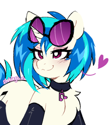 Size: 700x800 | Tagged: safe, artist:stablegrass, dj pon-3, vinyl scratch, pony, unicorn, g4, :3, bedroom eyes, blushing, choker, clothes, eyeshadow, female, floating heart, glasses, heart, horn, human shoulders, lidded eyes, makeup, mare, music notes, signature, simple background, smiling, socks, solo, sunglasses, sunglasses on head, tail, thigh highs, two toned mane, two toned tail, watermark, white background