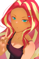 Size: 813x1226 | Tagged: safe, artist:alba_pura, sunset shimmer, human, equestria girls, g4, bare shoulders, breasts, cleavage, collarbone, female, looking at you, peace sign, simple background, sleeveless, solo, white background