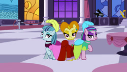 Size: 1024x576 | Tagged: safe, artist:hawk9mm, artist:sirius-writer, adagio dazzle, aria blaze, sonata dusk, earth pony, pony, g4, alternate hairstyle, anastasia tremaine, canterlot castle interior, checkered floor, cinderella, column, disney, drizella tremaine, earth pony adagio dazzle, earth pony aria blaze, earth pony sonata dusk, equestria girls ponified, lady tremaine, musical instrument, piano, ponified, stained glass, table, the dazzlings