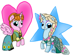 Size: 1024x768 | Tagged: safe, artist:daniarts19, alicorn, pony, g4, anna (frozen), braid, clothes, cute, disney, dress, duo, elsa, eyeshadow, female, flower, flower in hair, folded wings, frozen (movie), frozen fever, looking at you, makeup, ponified, rearing, siblings, simple background, sisters, smiling, spread wings, standing on three hooves, sunflower, transparent background, wings