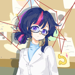 Size: 1680x1680 | Tagged: safe, artist:mumujiaowoshuxueyingyuhehuaxue, sci-twi, twilight sparkle, human, g4, alternate hairstyle, clothes, conspiracy board, female, glasses, hair bun, humanized, lab coat, looking at you, note, pencil, pencil in hair, solo, thread, yarn