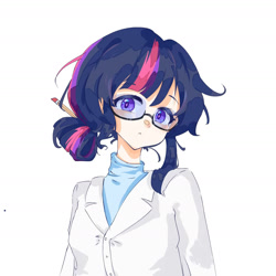 Size: 1680x1680 | Tagged: safe, alternate version, artist:mumujiaowoshuxueyingyuhehuaxue, sci-twi, twilight sparkle, human, g4, alternate hairstyle, clothes, female, glasses, hair bun, humanized, lab coat, looking at you, pencil, pencil in hair, simple background, solo, white background