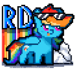 Size: 652x620 | Tagged: safe, artist:xinjinjumin185202104434, rainbow dash, pegasus, pony, g4, cloud, digital art, female, folded wings, initials, looking to the left, mare, open mouth, pixel art, rainbow, sunglasses, wings