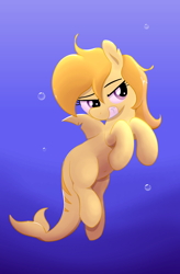 Size: 2500x3800 | Tagged: safe, artist:algoatall, noi, original species, shark, shark pony, g4, bubble, crepuscular rays, dorsal fin, female, fin, fish tail, flowing mane, flowing tail, gills, grin, ocean, scales, shark tail, shark teeth, sharp teeth, smiling, smirk, solo, sunlight, swimming, tail, teeth, underwater, water