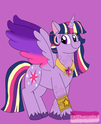 Size: 1680x2066 | Tagged: safe, artist:daniarts19, twilight sparkle, alicorn, pony, g4, bracelet, colored wings, female, jewelry, looking to the left, mare, multicolored wings, regalia, smiling, solo, spread wings, twilight sparkle (alicorn), unshorn fetlocks, wings