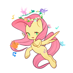 Size: 1680x1680 | Tagged: safe, artist:mohuansi, fluttershy, bird, butterfly, pegasus, pony, g4, colored hooves, cute, daaaaaaaaaaaw, flying, hooves, music notes, open mouth, shyabetes, simple background, solo, spread wings, white background, wings