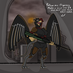 Size: 1600x1600 | Tagged: safe, artist:pen-and-paper, oc, oc only, oc:ragini, griffon, anthro, fallout equestria, fallout equestria: murky number seven, fanfic art, female, gun, solo, weapon