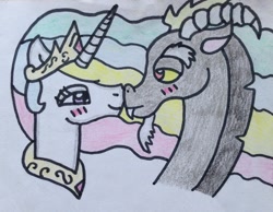 Size: 2118x1641 | Tagged: safe, artist:darkstarnightwalker, discord, princess celestia, alicorn, draconequus, pony, g4, blushing, crown, duo, duo male and female, female, interspecies, jewelry, male, mare, peytral, regalia, ship:dislestia, shipping, straight, traditional art