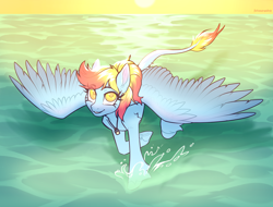 Size: 4816x3664 | Tagged: safe, artist:helemaranth, derpibooru exclusive, oc, oc only, oc:merrifeather, pegasus, pony, colored wings, commission, evening, eye clipping through hair, eyebrows, eyebrows visible through hair, female, flying, high angle, horizon, jewelry, leonine tail, looking at you, looking up, looking up at you, mare, necklace, ocean, pegasus oc, ponytail, skimming, smiling, smiling at you, solo, spread wings, sun, tail, two toned mane, two toned tail, two toned wings, unshorn fetlocks, vial, water, wings, yellow eyes