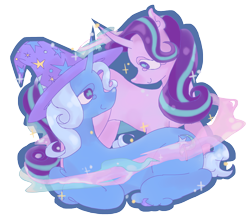 Size: 2372x2088 | Tagged: safe, artist:saskaw, starlight glimmer, trixie, pony, unicorn, g4, female, high res, horn, lesbian, looking at each other, looking at someone, lying down, mare, prone, ship:startrix, shipping, simple background, smiling, smiling at each other, transparent background