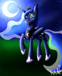 Size: 827x1002 | Tagged: safe, artist:katethedeath1, princess luna, alicorn, pony, g4, crescent moon, female, leg fluff, mare, moon, night, raised hoof, solo