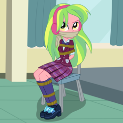 Size: 2000x2000 | Tagged: safe, artist:nie-martw-sie-o-mnie, part of a set, lemon zest, human, equestria girls, g4, bondage, bound and gagged, chair, cloth gag, clothes, crystal prep academy uniform, female, femsub, gag, headphones, rope, rope bondage, school uniform, shoes, sitting, skirt, socks, solo, submissive