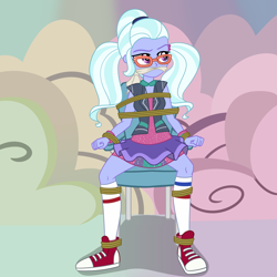 Size: 2500x2500 | Tagged: safe, artist:nie-martw-sie-o-mnie, part of a set, sugarcoat, human, equestria girls, equestria girls specials, g4, my little pony equestria girls: dance magic, bondage, bound and gagged, chair, cleave gag, cloth gag, clothes, converse, female, femsub, gag, rope, rope bondage, shoes, sitting, skirt, sneakers, socks, solo, spread legs, spreading, submissive, tied to chair