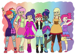 Size: 1023x731 | Tagged: safe, artist:aurorepeachie, applejack, fluttershy, pinkie pie, rainbow dash, rarity, sunset shimmer, twilight sparkle, human, equestria girls, friendship through the ages, g4, 2015, clothes, country applejack, dark skin, female, folk fluttershy, human coloration, humane five, humane seven, humane six, light skin, multicolored hair, new wave pinkie, old art, rainbow hair, rainbow punk, sgt. rarity, tan skin