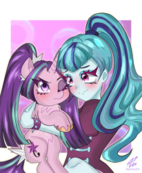 Size: 1206x1462 | Tagged: safe, artist:namieart, aria blaze, sonata dusk, human, pony, unicorn, equestria girls, g4, ariabetes, blushing, chest fluff, cross-popping veins, cute, duo, duo female, emanata, equestria girls ponified, female, frown, holding a pony, horn, hug, lesbian, one eye closed, passepartout, ponified, ship:arisona, shipping, smiling, sonatabetes, unshorn fetlocks