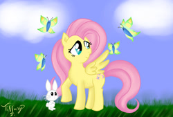 Size: 900x608 | Tagged: safe, artist:itiffanyblue, angel bunny, fluttershy, butterfly, pegasus, pony, rabbit, g4, 2011, animal, artifact, female, mare