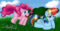 Size: 1024x535 | Tagged: safe, artist:itiffanyblue, pinkie pie, rainbow dash, earth pony, pegasus, pony, g4, 2013, alternate hairstyle, anatomically incorrect, artifact, cloud, duo, duo female, female, folded wings, grass, incorrect leg anatomy, looking at someone, mare, multicolored hair, open mouth, open smile, rainbow hair, signature, smiling, tree, wings