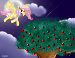 Size: 1024x797 | Tagged: safe, artist:itiffanyblue, fluttershy, bat pony, pony, g4, 2014, apple, apple tree, bat ponified, flutterbat, full moon, moon, night, race swap, tree