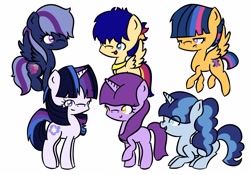 Size: 2500x1750 | Tagged: safe, artist:aurorepeachie, oc, oc only, oc:andromeda, oc:nebula (aurorepeachie), oc:slumber party, oc:starburst, oc:starry gleam, oc:stella nova, alicorn, earth pony, pegasus, pony, unicorn, g4, female, horn, interdimensional siblings, offspring, parent:flash sentry, parent:twilight sparkle, parents:flashlight, siblings, simple background, sisters, solo, white background