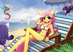 Size: 1920x1380 | Tagged: safe, artist:howxu, applejack, discord, fluttershy, pinkie pie, rainbow dash, rarity, twilight sparkle, draconequus, anthro, plantigrade anthro, g4, bare shoulders, barefoot, beach, beach chair, belly, belly button, bikini, breasts, busty fluttershy, butt, chair, cleavage, clothes, cross-popping veins, emanata, feet, female, laughing, male, mane six, ocean, pointing, sleeveless, solo focus, swimsuit, water