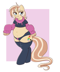 Size: 862x1030 | Tagged: safe, artist:lulubell, oc, oc only, oc:lulubell, pony, unicorn, belly, belly button, bipedal, chubby, clothes, fat, female, freckles, horn, mare, paggi outfit, panties, passepartout, short shirt, socks, solo, stockings, thigh highs, underwear