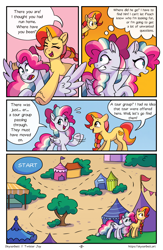 Size: 1496x2300 | Tagged: safe, artist:skysorbett, oc, oc only, oc:peach bubble, oc:sky sorbet, pegasus, pony, unicorn, comic:breaking free, comic, female, horn, hug, hug from behind, mare, speech bubble, talking, thought bubble