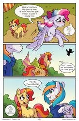 Size: 1496x2300 | Tagged: safe, artist:skysorbett, oc, oc only, oc:peach bubble, oc:sky sorbet, oc:twister joy, pegasus, pony, unicorn, comic:breaking free, clothes, comic, female, flying, horn, male, mare, speech bubble, stallion, talking