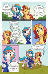 Size: 1496x2300 | Tagged: safe, artist:skysorbett, oc, oc only, oc:peach bubble, oc:twister joy, pegasus, pony, unicorn, comic:breaking free, clothes, comic, female, horn, male, mare, speech bubble, stallion, talking