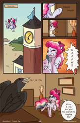 Size: 1496x2300 | Tagged: safe, artist:skysorbett, oc, oc only, oc:sky sorbet, bird, crow, pegasus, pony, comic:breaking free, caw, clock tower, comic, female, flying, mare, solo, speech bubble, talking