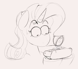 Size: 935x830 | Tagged: safe, artist:thelunarmoon, rarity, pony, unicorn, g4, bust, eyebrows, eyebrows visible through hair, female, food, grayscale, hoof hold, horn, hot dog, looking at something, mare, meat, monochrome, no mouth, raised eyebrow, rarity looking at food, sausage, simple background, solo, white background