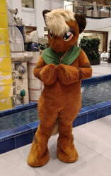 Size: 251x400 | Tagged: dead source, safe, artist:atalonthedeer, oc, oc only, oc:keropony, 2017, bandana, eurofurence, fountain, fursuit, indoors, irl, photo, ponysuit, solo