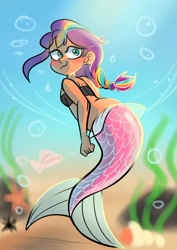 Size: 1240x1754 | Tagged: safe, artist:jully-park, sunny starscout, mermaid, starfish, equestria girls, g4, g5, :3, breasts, bubble, coral, crepuscular rays, dorsal fin, equestria girls-ified, fin, fins, fish tail, flowing tail, g5 to equestria girls, g5 to g4, generation leap, looking at you, mane stripe sunny, mermaidized, ocean, scales, seashell, seaweed, smiling, smiling at you, solo, species swap, sunlight, swimming, tail, underwater, water