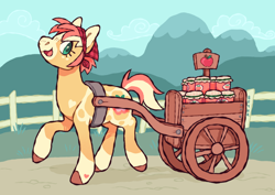 Size: 1338x949 | Tagged: safe, artist:beyhr, oc, oc only, oc:pink lady (beyhr), earth pony, pony, :3, alternate universe, apple family member, apple jam, bandana, blaze (coat marking), blue sky, bonnet, brown hooves, cart, cloud, coat markings, colored belly, colored hooves, colored pinnae, detailed background, earth pony oc, eyelashes, facial markings, female, female oc, food, green eyes, heart, heart mark, hooves, jam, looking back, mare, mare oc, mealy mouth (coat marking), mountain, mountain range, not apple bloom, not applejack, not sunset shimmer, open mouth, open smile, outdoors, pale muzzle, profile, raised hoof, raised leg, shadow, short mane, short tail, smiling, socks (coat markings), solo, tail, two toned mane, two toned tail, wagon, walking, yellow coat