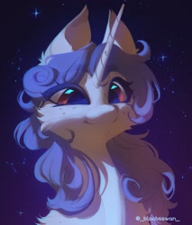 Size: 1746x2048 | Tagged: oc name needed, safe, artist:blcksswn, oc, oc only, pony, unicorn, big ears, big eyes, blue eyelashes, blue mane, bust, cheek fluff, colored eyelashes, commission, constellation, detailed, digital painting, ear fluff, eye clipping through hair, fluffy, freckles, horn, lineless, long horn, long mane, orange eyes, portrait, shiny eyes, shoulder fluff, signature, smiling, solo, starry background, stars, unicorn horn, unicorn oc, white coat