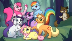 Size: 1280x720 | Tagged: safe, artist:blixemi, applejack, fluttershy, pinkie pie, rainbow dash, rarity, twilight sparkle, oc, cat, g4, applecat, bipedal, catified, chest fluff, coat markings, colored ear fluff, colored pinnae, ear fluff, facial markings, female, fluttercat, grass, group, looking at you, lying down, mane six, mane six opening poses, mealy mouth (coat marking), my little x, pale belly, paw pads, paws, pinkie cat, prone, rainbow cat, raised paw, raricat, rearing, sitting, smiling, smiling at you, snip (coat marking), socks (coat markings), species swap, standing, straw in mouth, tree, twilight cat, warrior cats, youtube thumbnail