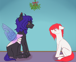 Size: 1324x1080 | Tagged: safe, artist:haodz, oc, oc only, changeling, earth pony, pony, duo, mistletoe, pink changeling