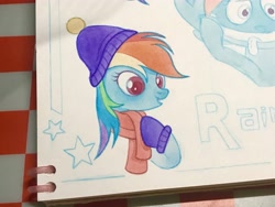 Size: 4032x3024 | Tagged: safe, artist:miss-aciturn, rainbow dash, pegasus, pony, g4, clothes, female, hat, mare, photo, scarf, solo, traditional art, watercolor painting