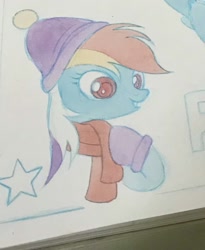 Size: 1119x1366 | Tagged: safe, artist:miss-aciturn, rainbow dash, pegasus, pony, g4, clothes, female, gloves, hat, mare, photo, scarf, solo, traditional art, watercolor painting, wip